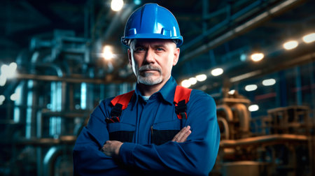 Men industrial engineer wearing a while standing in a heavy industrial factory. AI generated.の素材