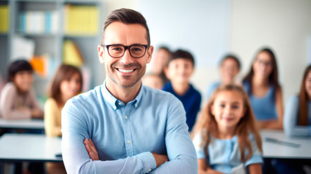 Portrait of a male teacher smiling, with students in the background. AI generated.の素材
