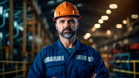 Men industrial engineer wearing a while standing in a heavy industrial factory. AI generated.の素材