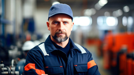 Men industrial engineer wearing a while standing in a heavy industrial factory. AI generated.の素材