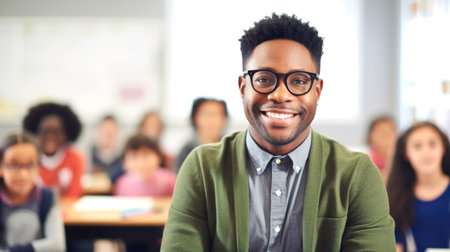 Portrait of a smiling African American male teacher, with students in the background. AI generated.の素材