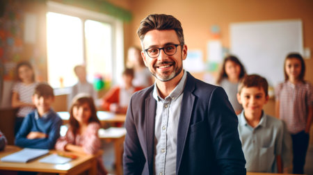 Portrait of a male teacher smiling, with students in the background. AI generated.の素材