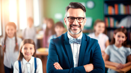 Portrait of a male teacher smiling, with students in the background. AI generated.の素材