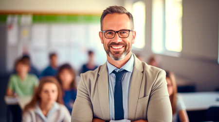 Portrait of a male teacher smiling, with students in the background. AI generated.の素材