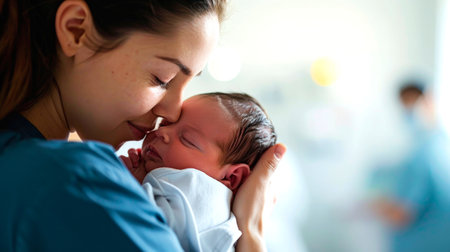 Pretty woman holding a newborn baby in her arms. AI generatedの素材