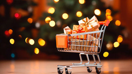 Christmas holiday background. shopping cart full of Christmas decorations, toys and balls on table close up. AI generatedの素材