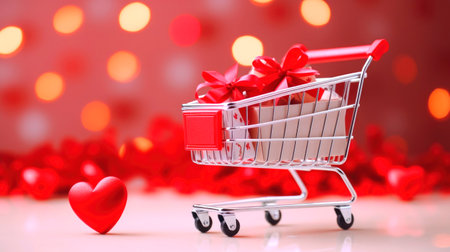 Miniature basket with gifts, sales concept for Valentine's day. AI generatedの素材