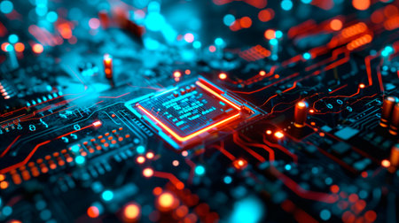 Close-up view of a modern GPU card with circuit and colorful lights. AI generated.の素材