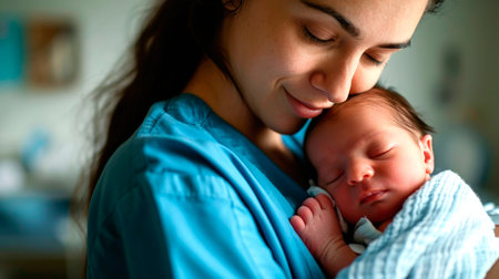 Pretty woman holding a newborn baby in her arms. AI generatedの素材