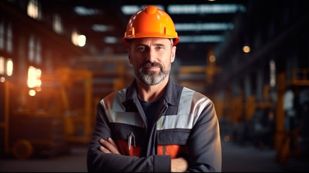 Men industrial engineer wearing a while standing in a heavy industrial factory. AI generated.の素材