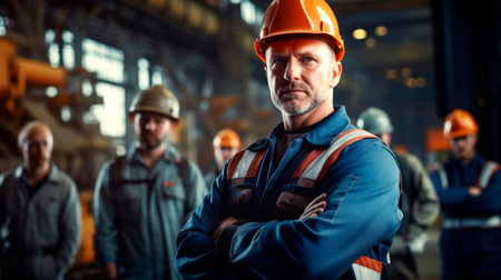 Men industrial engineer wearing a while standing in a heavy industrial factory. AI generated.の素材