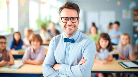 Portrait of a male teacher smiling, with students in the background. AI generated.の素材