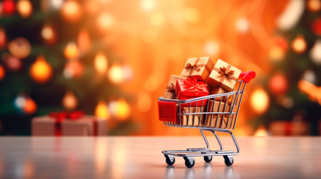 Christmas holiday background. shopping cart full of Christmas decorations, toys and balls on table close up. AI generatedの素材