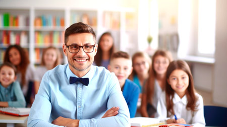Portrait of a male teacher smiling, with students in the background. AI generated.の素材