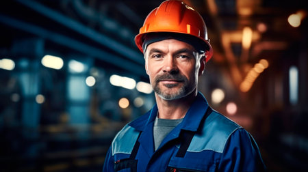 Men industrial engineer wearing a while standing in a heavy industrial factory. AI generated.の素材