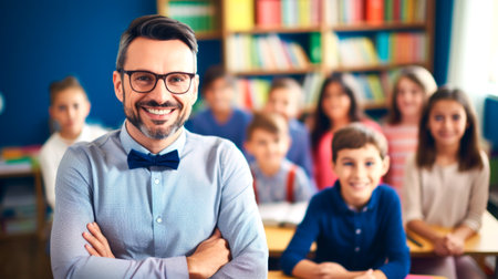 Portrait of a male teacher smiling, with students in the background. AI generated.の素材