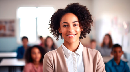 Portrait of a smiling African American female teacher, with students in the background. AI generated.の素材