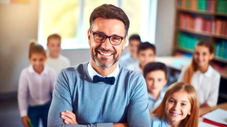 Portrait of a male teacher smiling, with students in the background. AI generated.の素材