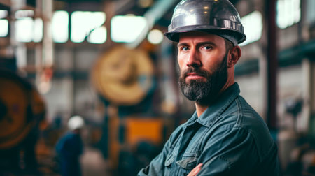 Men industrial engineer wearing a while standing in a heavy industrial factory. AI generated.の素材