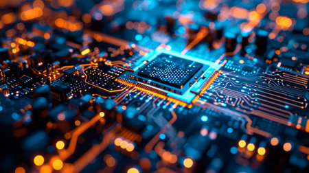 Close-up view of a modern GPU card with circuit and colorful lights. AI generated.の素材