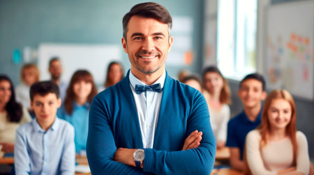 Portrait of a male teacher smiling, with students in the background. AI generated.の素材