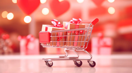 Miniature basket with gifts, sales concept for Valentine's day. AI generatedの素材