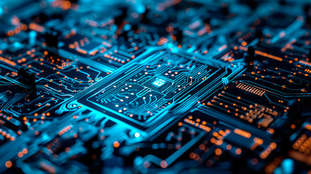 Close-up view of a modern GPU card with circuit and colorful lights. AI generated.の素材