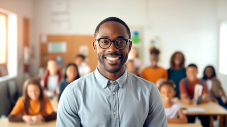 Portrait of a smiling African American male teacher, with students in the background. AI generated.の素材