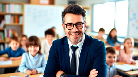 Portrait of a male teacher smiling, with students in the background. AI generated.の素材