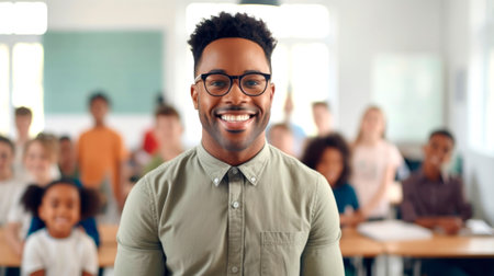 Portrait of a smiling African American male teacher, with students in the background. AI generated.の素材