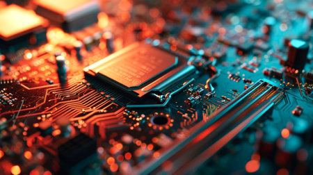Close-up view of a modern GPU card with circuit and colorful lights. AI generated.の素材