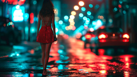 beautiful girl walking through the night city in the illumination light. AI generatedの素材
