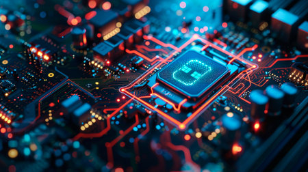 Close-up view of a modern GPU card with circuit and colorful lights. AI generated.の素材
