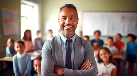 Portrait of a male teacher smiling, with students in the background. AI generated.の素材