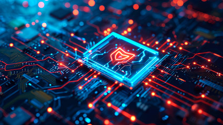 Close-up view of a modern GPU card with circuit and colorful lights. AI generated.の素材