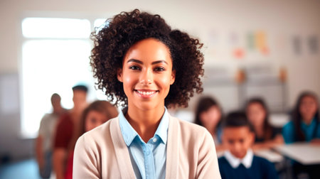 Portrait of a smiling African American female teacher, with students in the background. AI generated.の素材