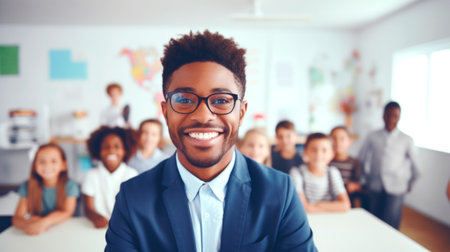 Portrait of a smiling African American male teacher, with students in the background. AI generated.の素材