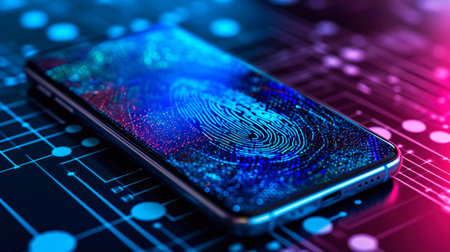 concept of two-factor verification on a smartphone using a fingerprint. AI generated.の素材