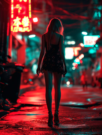 beautiful girl walking through the night city in the illumination light. AI generatedの素材