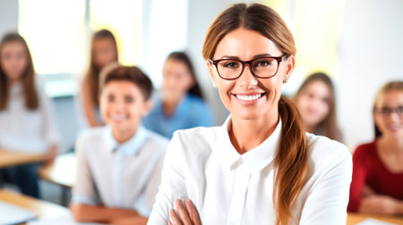 Portrait of a female teacher smiling, with students in the background. AI generated.の素材