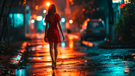 beautiful girl walking through the night city in the illumination light. AI generatedの素材