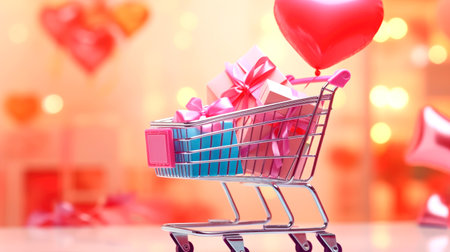 Miniature basket with gifts, sales concept for Valentine's day. AI generatedの素材