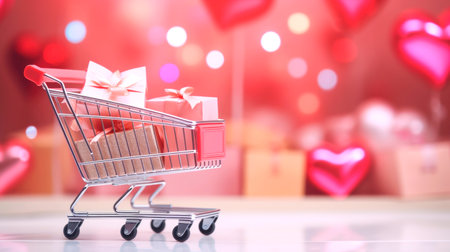 Miniature basket with gifts, sales concept for Valentine's day. AI generatedの素材