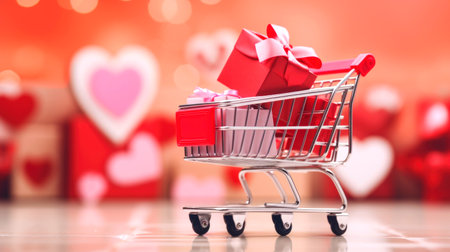 Miniature basket with gifts, sales concept for Valentine's day. AI generatedの素材