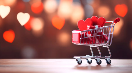 Miniature basket with gifts, sales concept for Valentine's day. AI generatedの素材