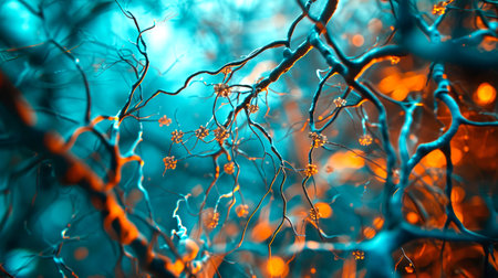 Neurons activity. Synapses and axones transmitting electrical signals. AI generatedの素材