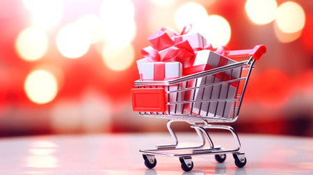 Miniature basket with gifts, sales concept for Valentine's day. AI generatedの素材