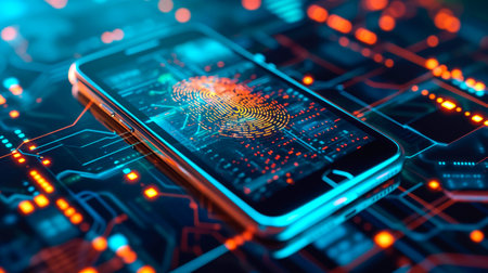 concept of two-factor verification on a smartphone using a fingerprint. AI generated.の素材