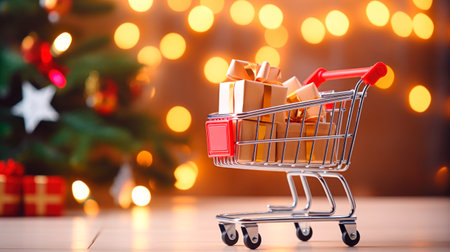 Christmas holiday background. shopping cart full of Christmas decorations, toys and balls on table close up. AI generatedの素材