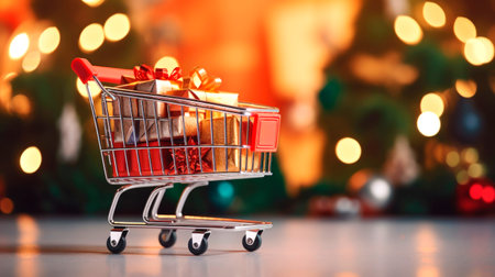 Christmas holiday background. shopping cart full of Christmas decorations, toys and balls on table close up. AI generatedの素材